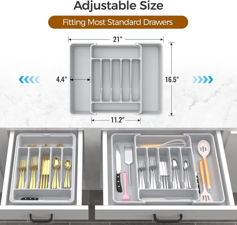 ukeetap Extra Large Expandable Silverware Organizer, BPA-Free Food-Safe Cutlery Flatware Organizer, Kitchen Utensil Drawer Organizer, Adjustable Silverware Holder for Spoons Forks Knives, Gray - Image 3